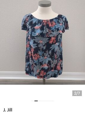 J. Jill Navy Floral Ruffle-Neck Blouse Linen Collection